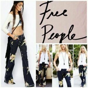 Free People Floral Flare Jeans - Black and Yellow